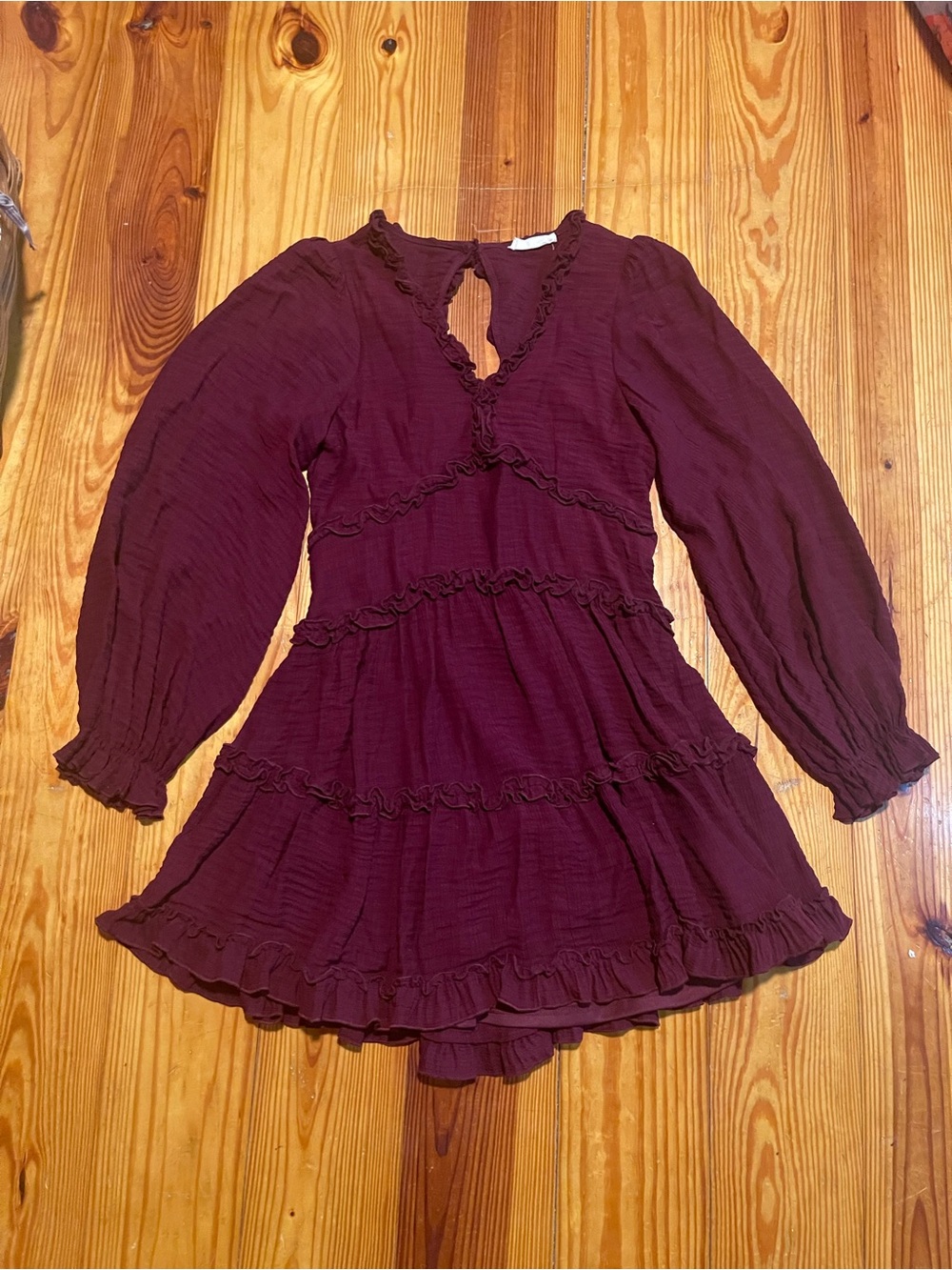Burgundy Long-Sleeve Ruffle Tiered Dress